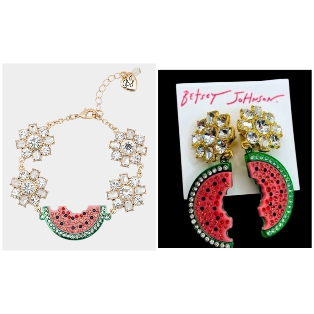 BETSEY JOHNSON SET Crystal-Studded Watermelon Statement Bracelet & Earrings NWT